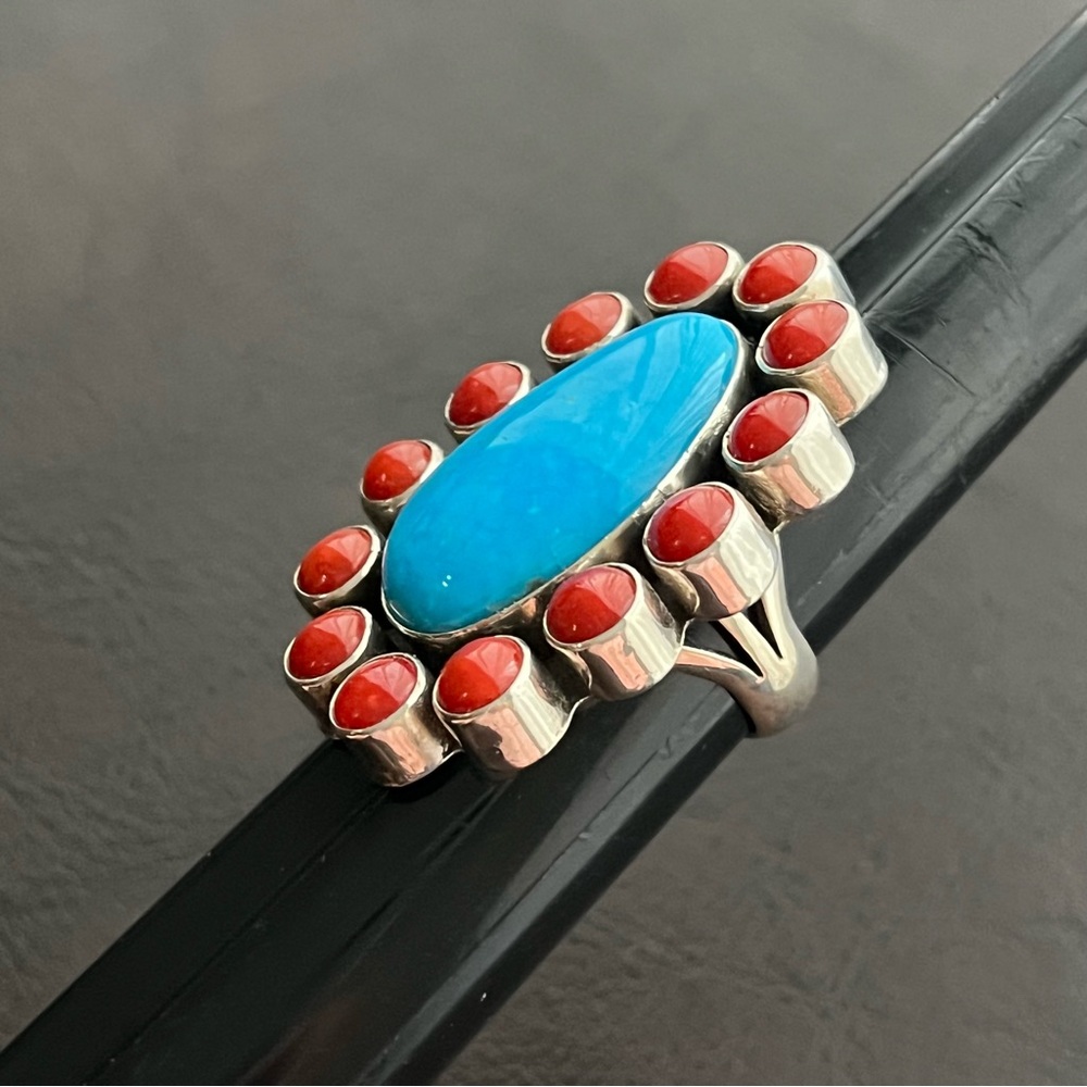 Vintage signed Navajo large Turquoise Coral and sterling silver ring - Picture 3 of 12